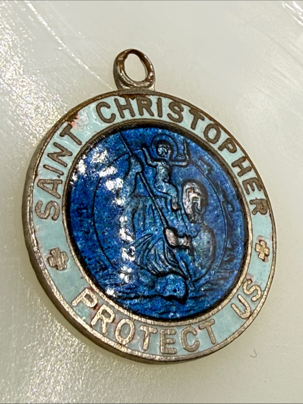 Rare 1960’s Japan Saint Christopher Enamel Medal Pendant Blue White charm - Picture 3 of 10